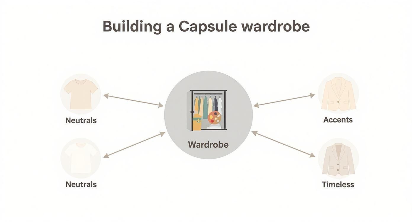 Diagram showing how to build a capsule wardrobe with neutrals, accents, and timeless clothing pieces.