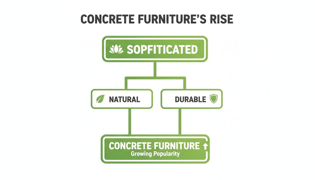 A diagram illustrating the rise of concrete furniture, highlighting its sophisticated, natural, and durable attributes.