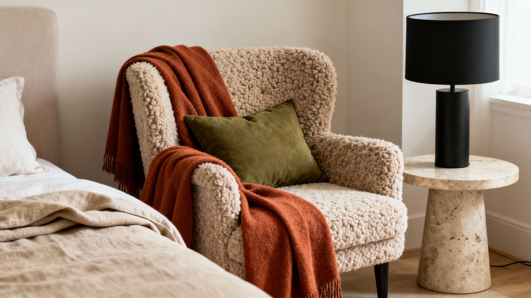 A cozy bedroom corner with a beige fluffy armchair, rust throw, green pillow, and a black lamp on a stone table.