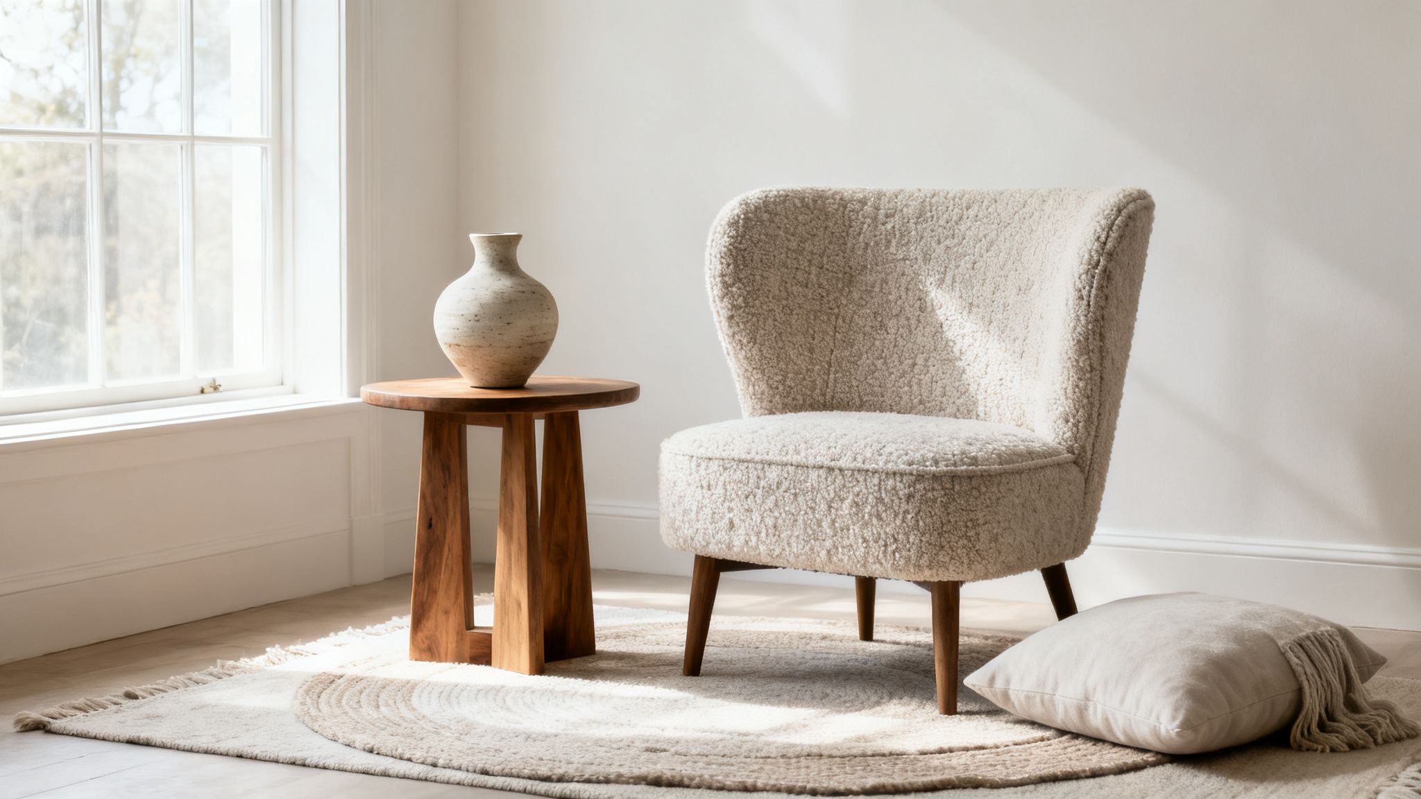 A cozy, minimalist living room corner with a boucle armchair, wooden table, and natural light.
