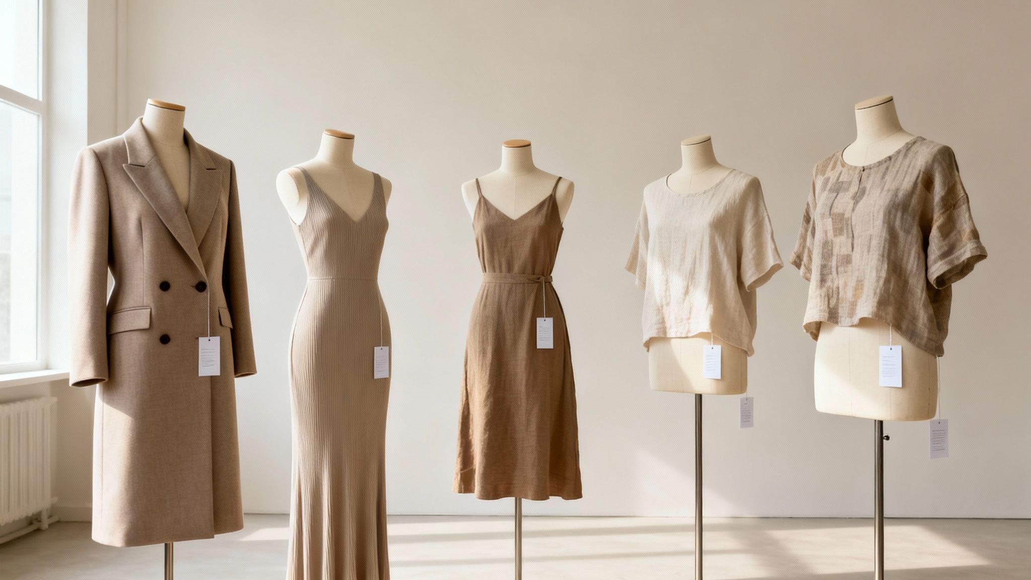 Five mannequins display a collection of natural-toned women's clothing, including coats, dresses, and tops, in a bright showroom.