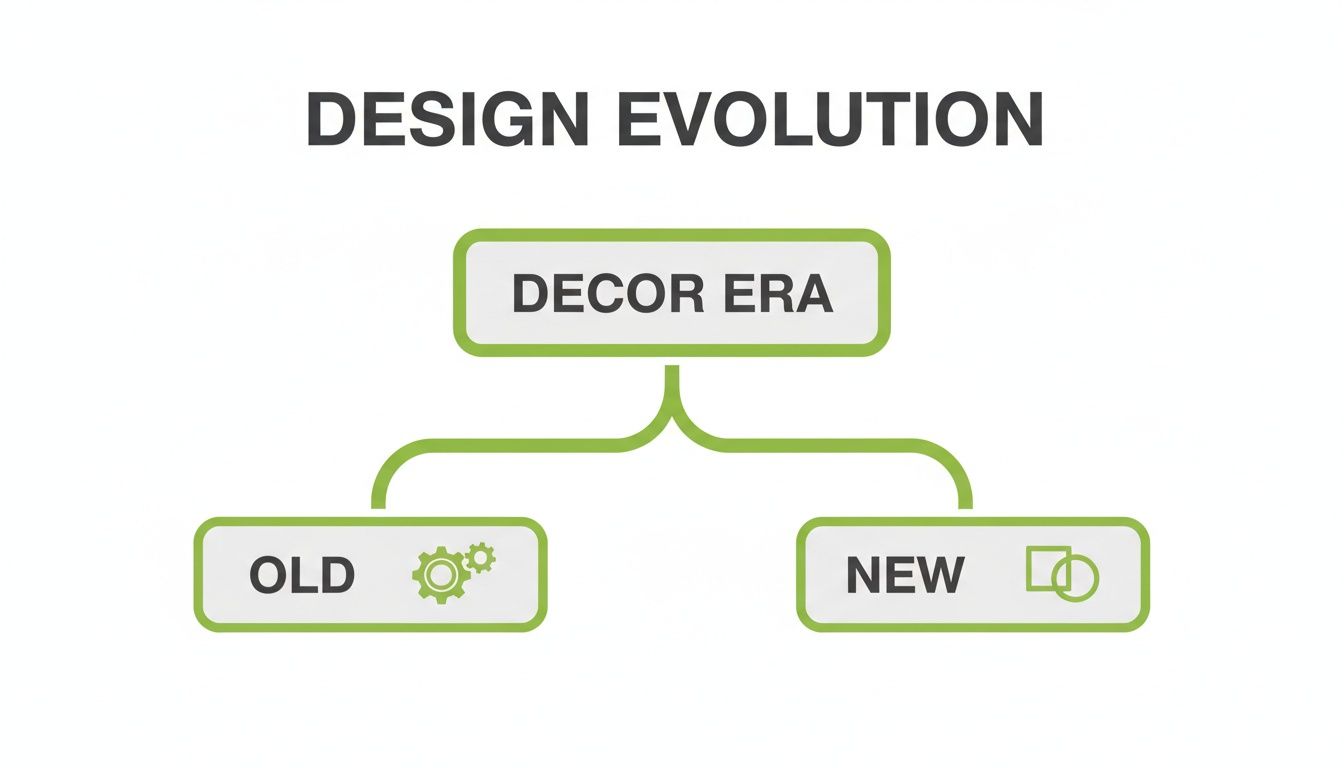 Flowchart illustrating design evolution in the decor era, showing a split between old and new concepts.
