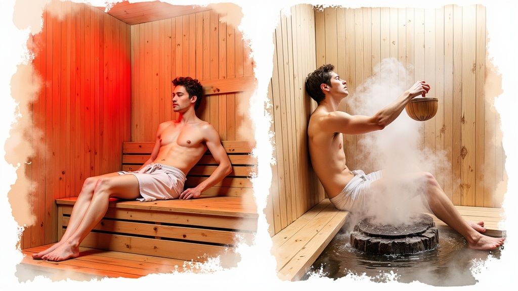 A person meditating peacefully inside an infrared sauna with gentle lighting