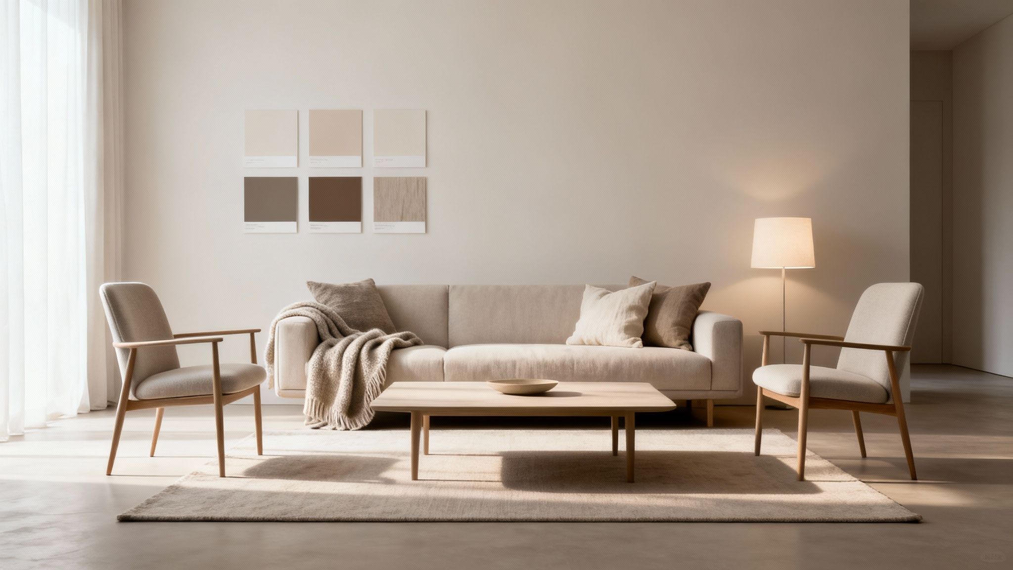 A minimalist living room with a beige sofa, two armchairs, a coffee table, and warm lighting.