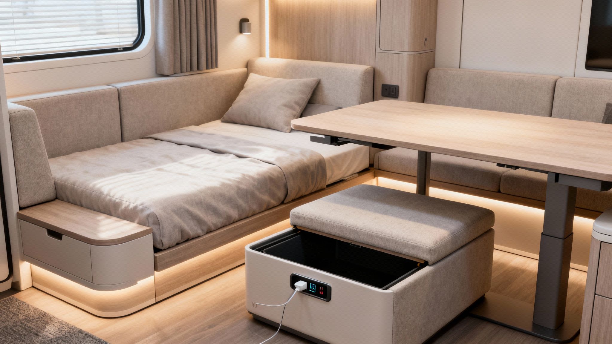 Modern campervan interior with a cozy bed, dining table, smart storage, and charging port.