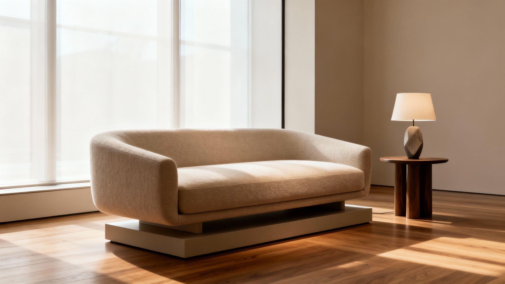 A modern, minimalist living room featuring a beige sofa, dark wood table, and unique lamp.