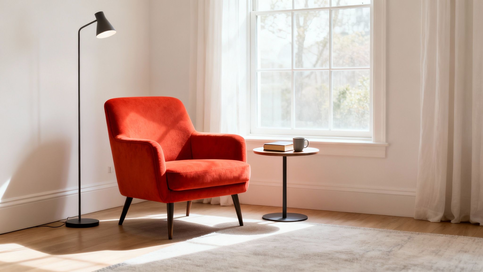 A bright living room features a red accent chair, floor lamp, and a side table by a sunny window.