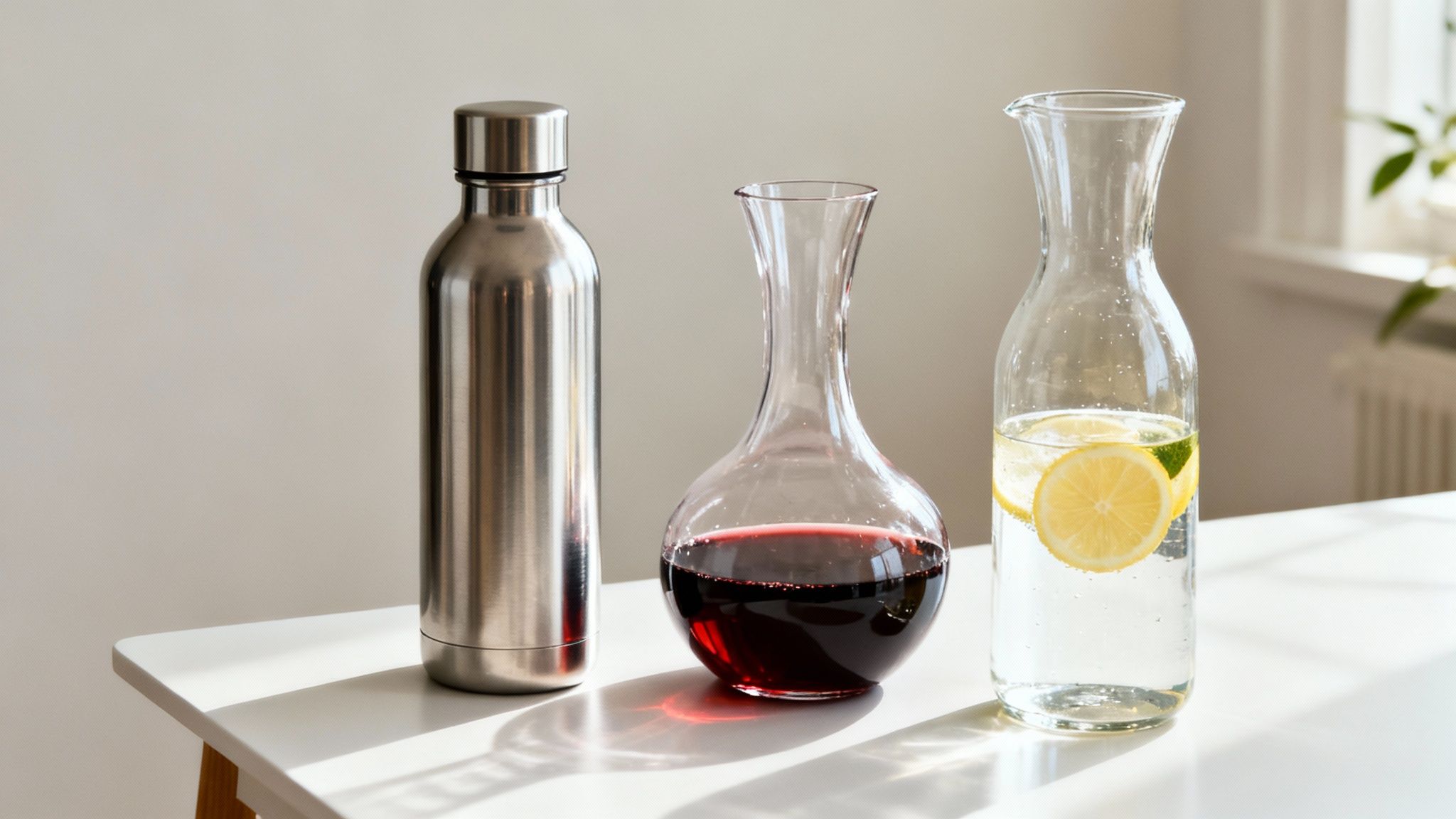 Three beverage containers: a stainless steel bottle, a glass carafe with red wine, and a glass carafe with lemon water.