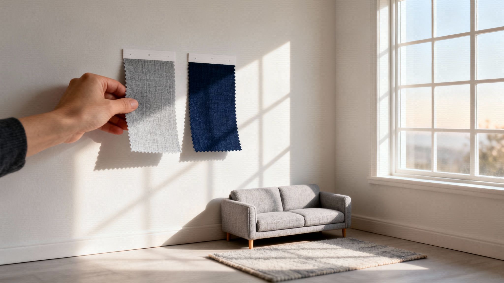 Hand holding a gray fabric swatch next to a blue one on a white wall, near a sofa and sunny window.