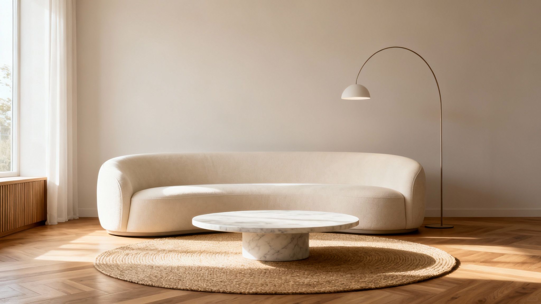 Modern living room decor with a cream sofa, marble coffee table, natural rug, and arched lamp.