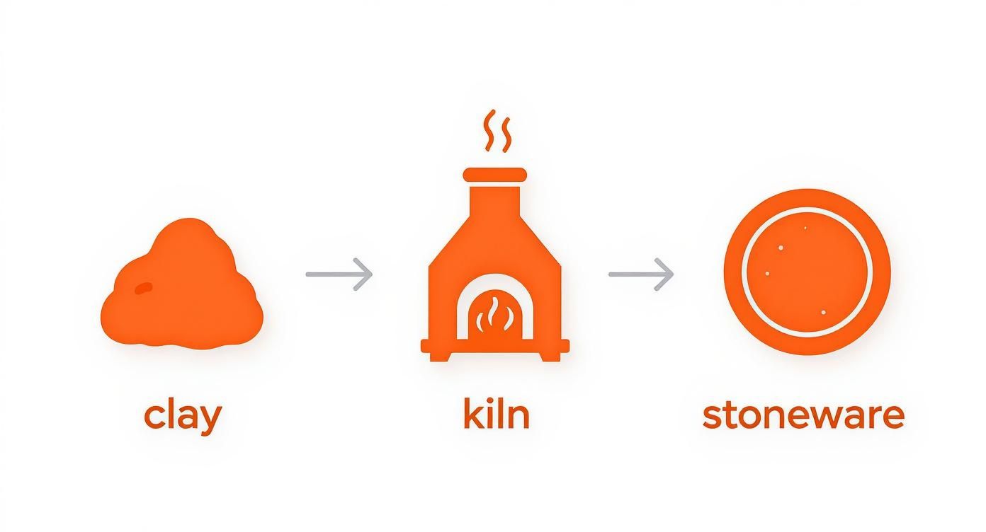 Diagram illustrating the transformation of clay into stoneware through a kiln firing process.