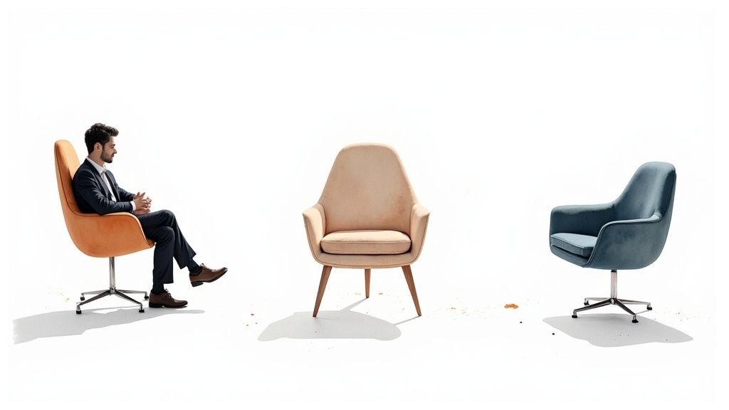 A person using painter's tape to outline an accent chair's footprint on a wooden floor in a small living room.