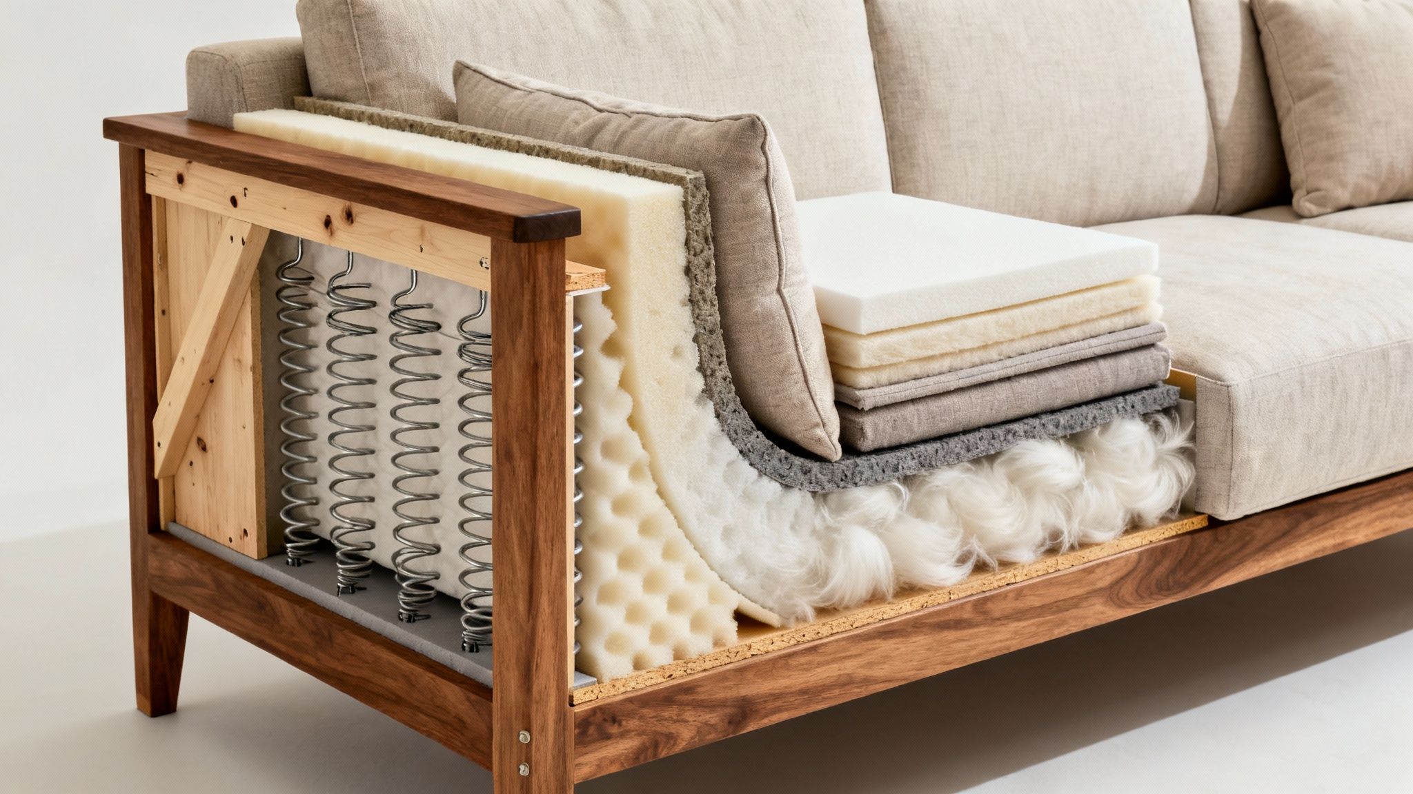 Sofa cutaway revealing its intricate internal structure with springs, foam, and fabric layers.