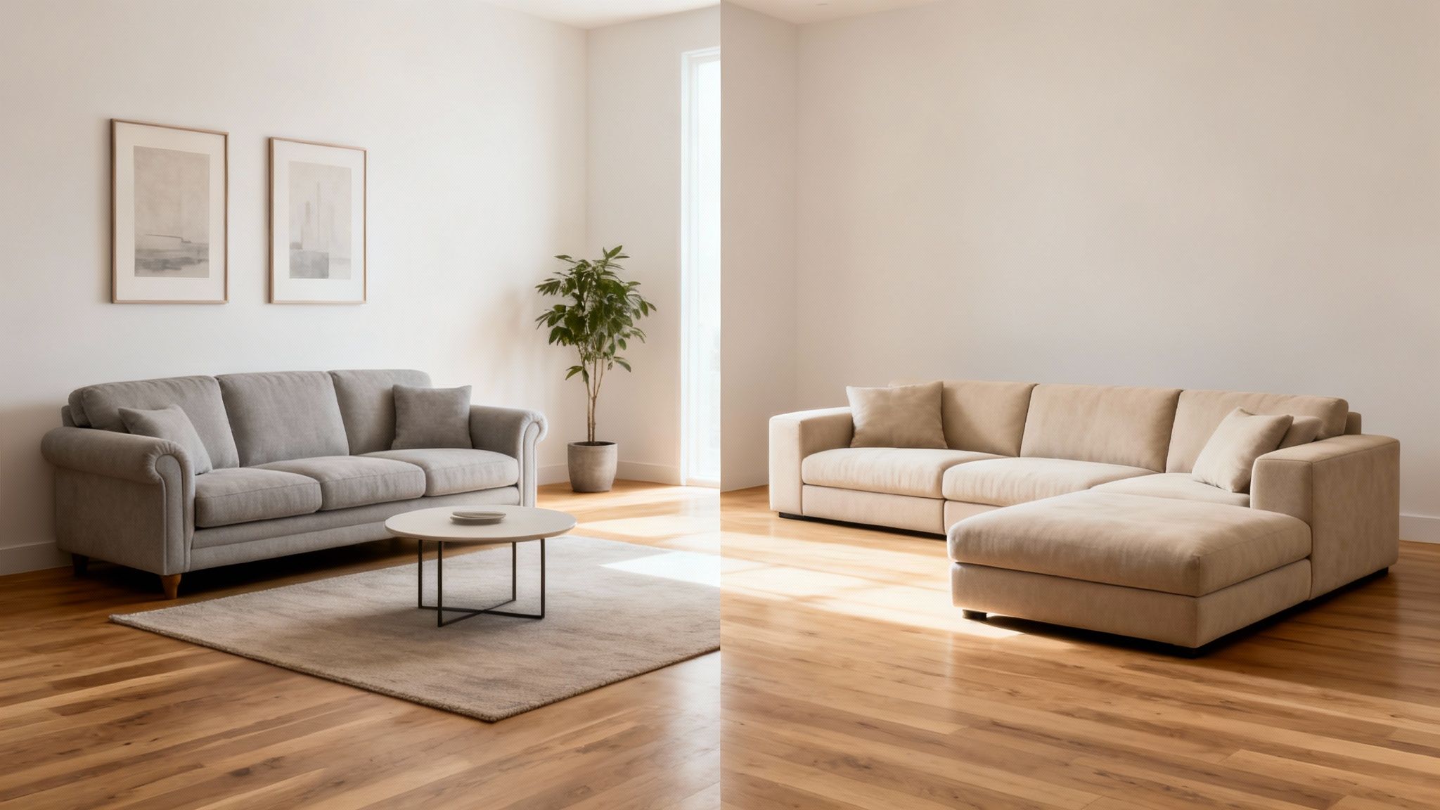 A design comparison by Fluent Trends: A minimalist living room featuring a traditional grey sofa versus an organic modern beige sectional on light oak flooring.