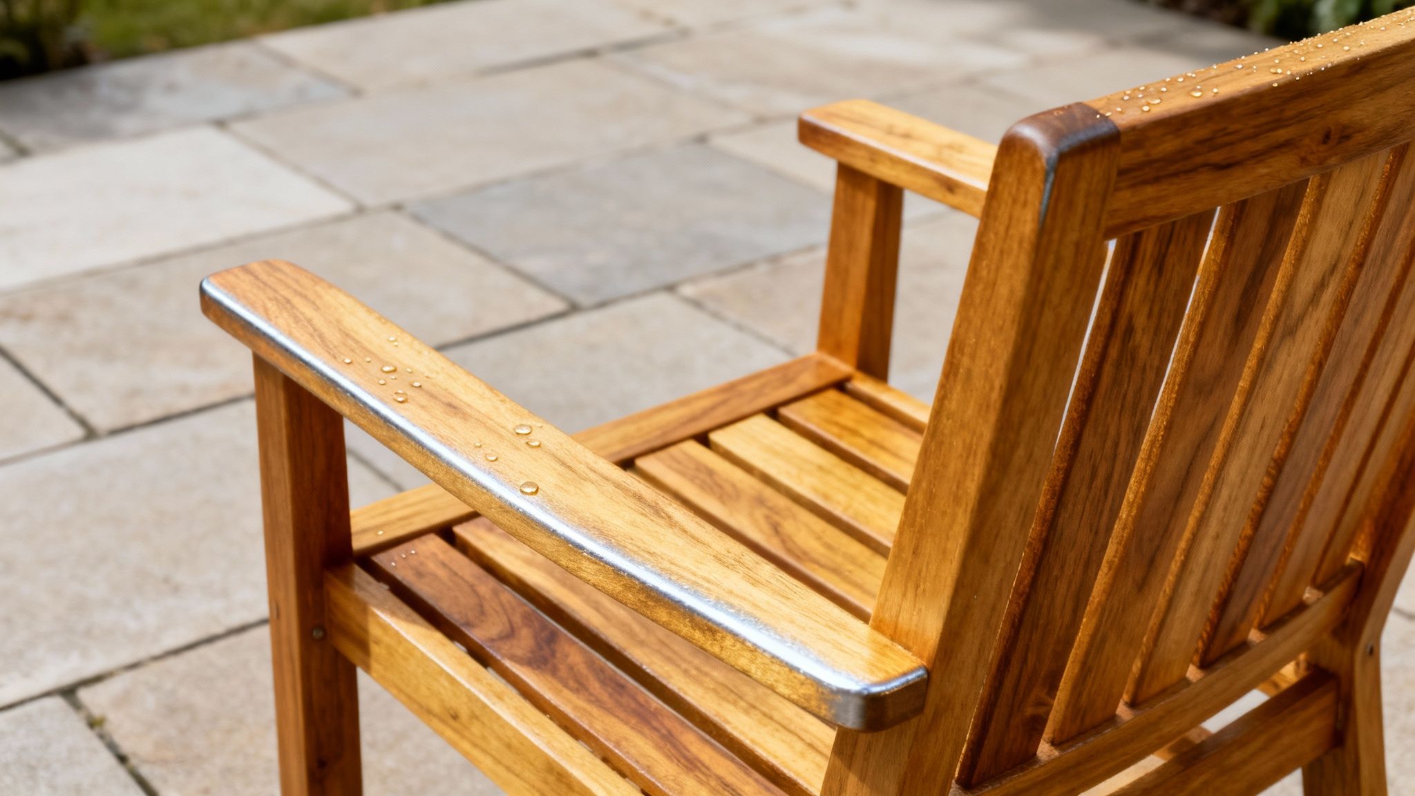 Close-up of a durable wooden outdoor chair with water droplets on its surface, on a patio.