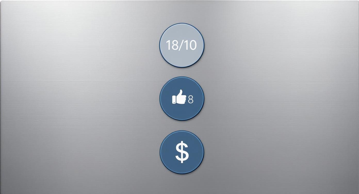 Three circular UI buttons on a brushed metal background: '18/10', a thumbs-up icon with '8', and a dollar sign.