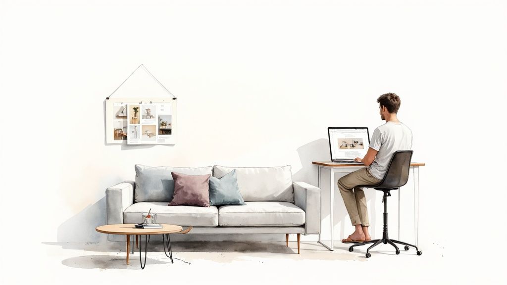 A person sitting in a modern, stylish living room looking at a tablet, surrounded by high-quality furniture.