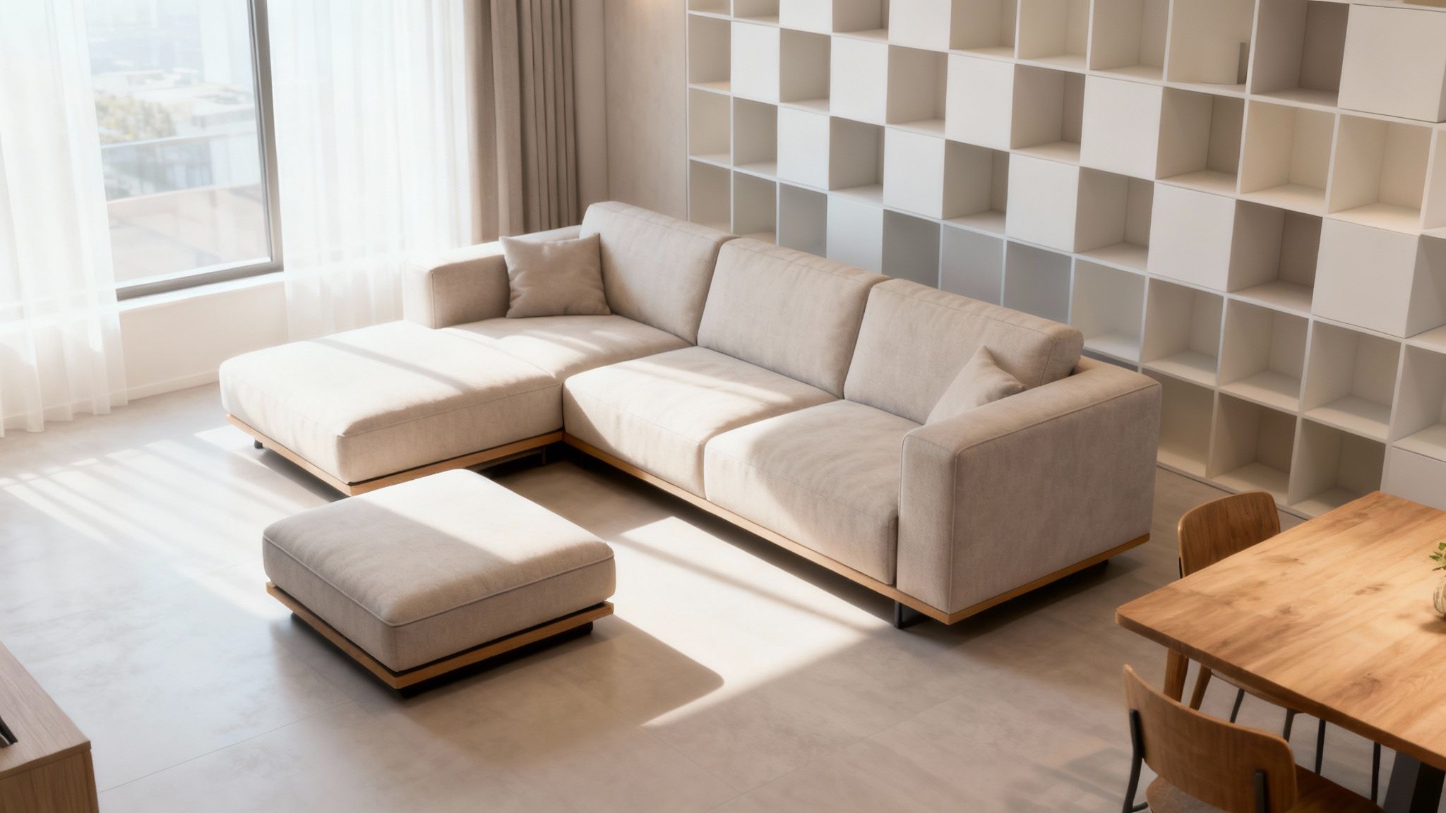 Modern living room with a large beige L-shaped sofa, ottoman, white shelving, and sunlight.