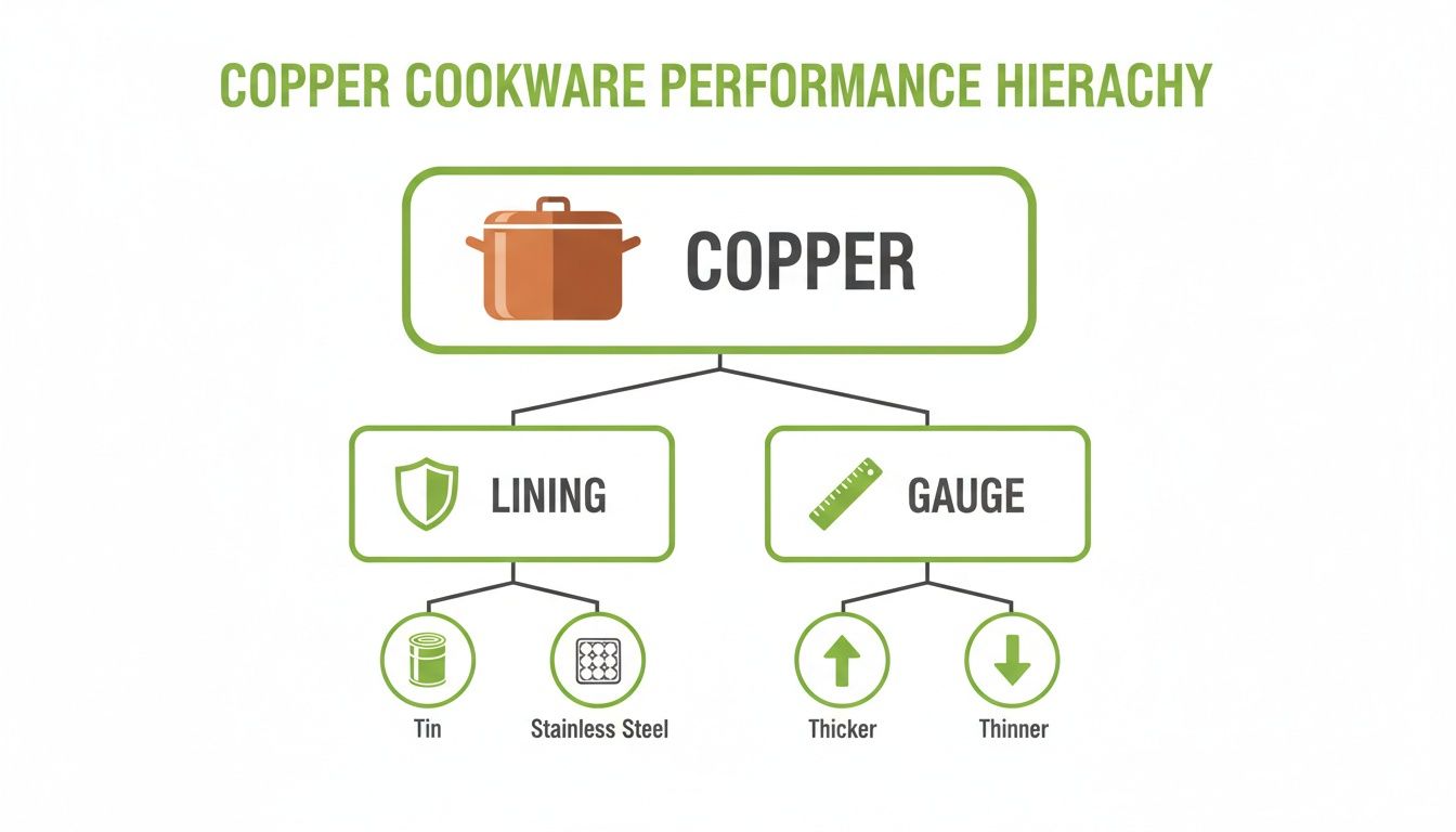 A hierarchy chart illustrating copper cookware performance, detailing lining types (tin, stainless steel) and gauge thickness.