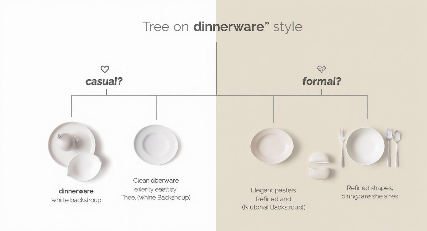 Infographic decision tree comparing casual, earthy stoneware with formal, elegant porcelain dinnerware styles.