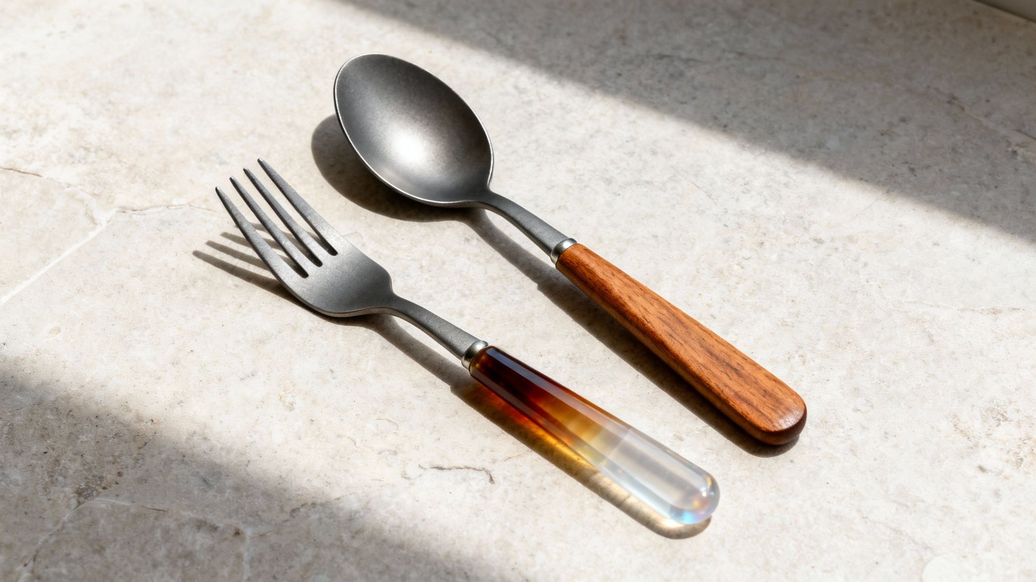 A close-up of a fork with a colorful handle and a spoon with a wooden handle on a patterned surface.