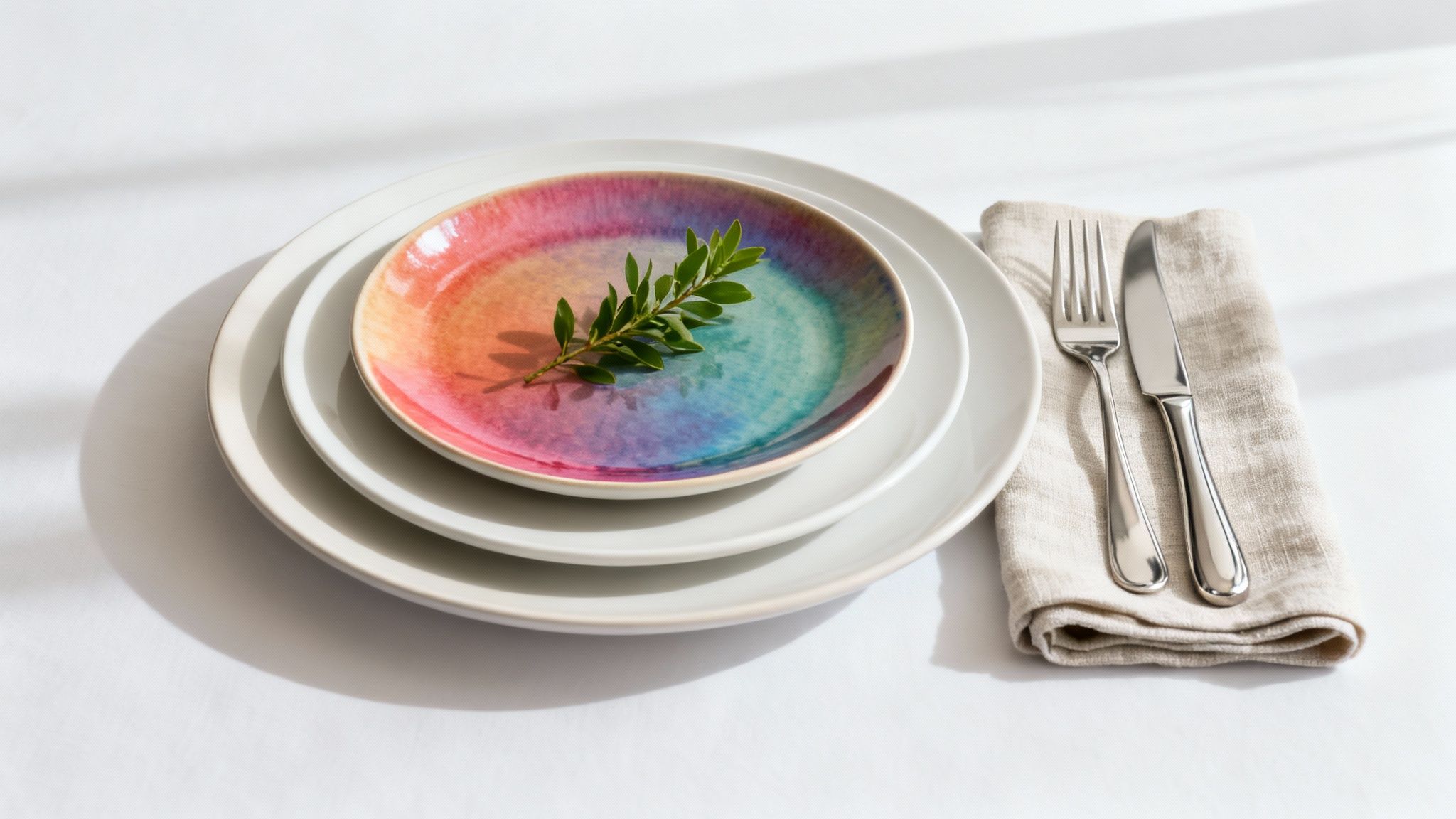 A beautifully set table with stacked plates, a colorful top plate adorned with a green sprig, and silver cutlery on a beige napkin.