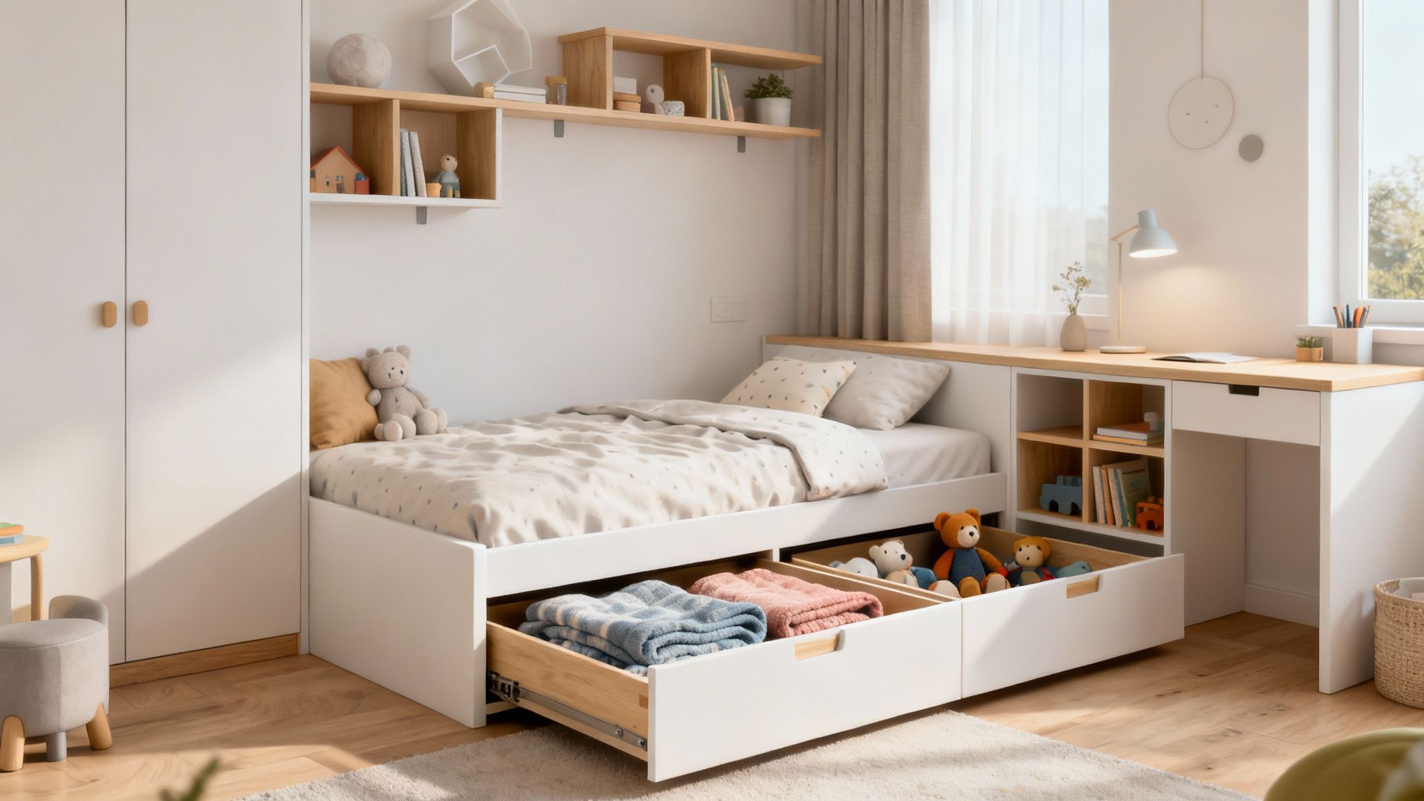 Modern kids' bedroom with integrated storage, featuring bed drawers, a desk, and wall shelves.