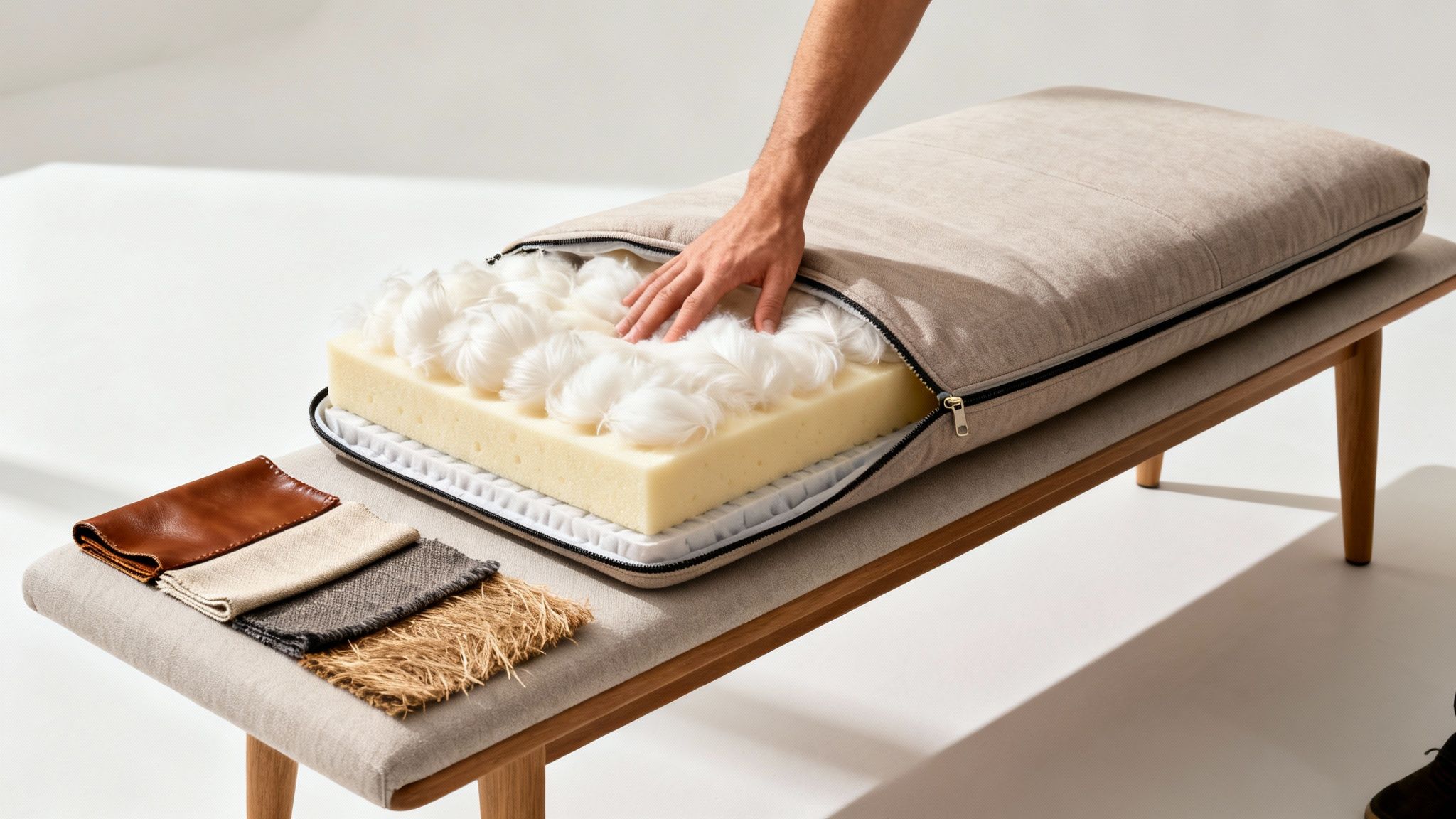 A hand touches soft white feathers over foam layers in a deconstructed upholstered bench cushion, with fabric swatches nearby.