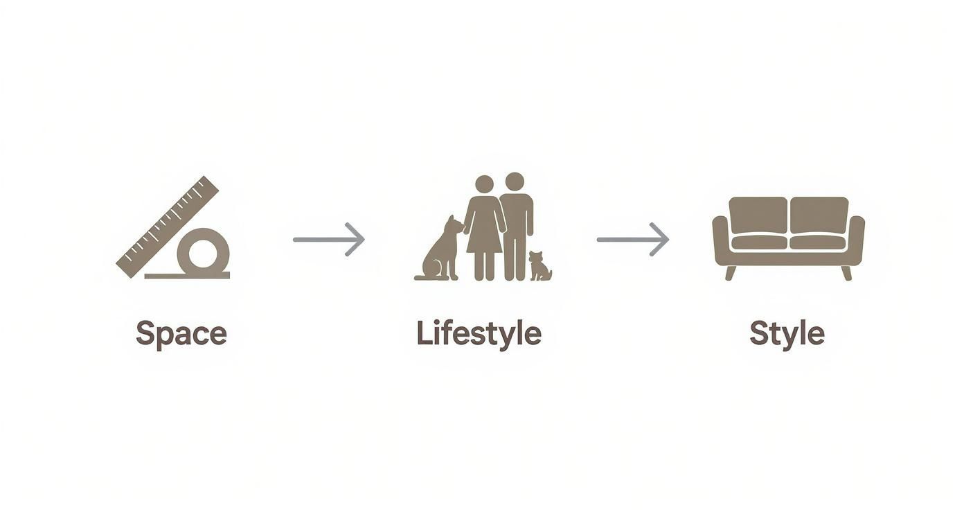 A diagram illustrating the process: Space leads to Lifestyle, which then leads to Style, for choosing a sofa.