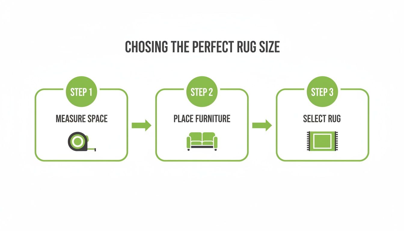 A three-step infographic explaining how to choose the perfect rug size, including measuring space, placing furniture, and selecting the rug.