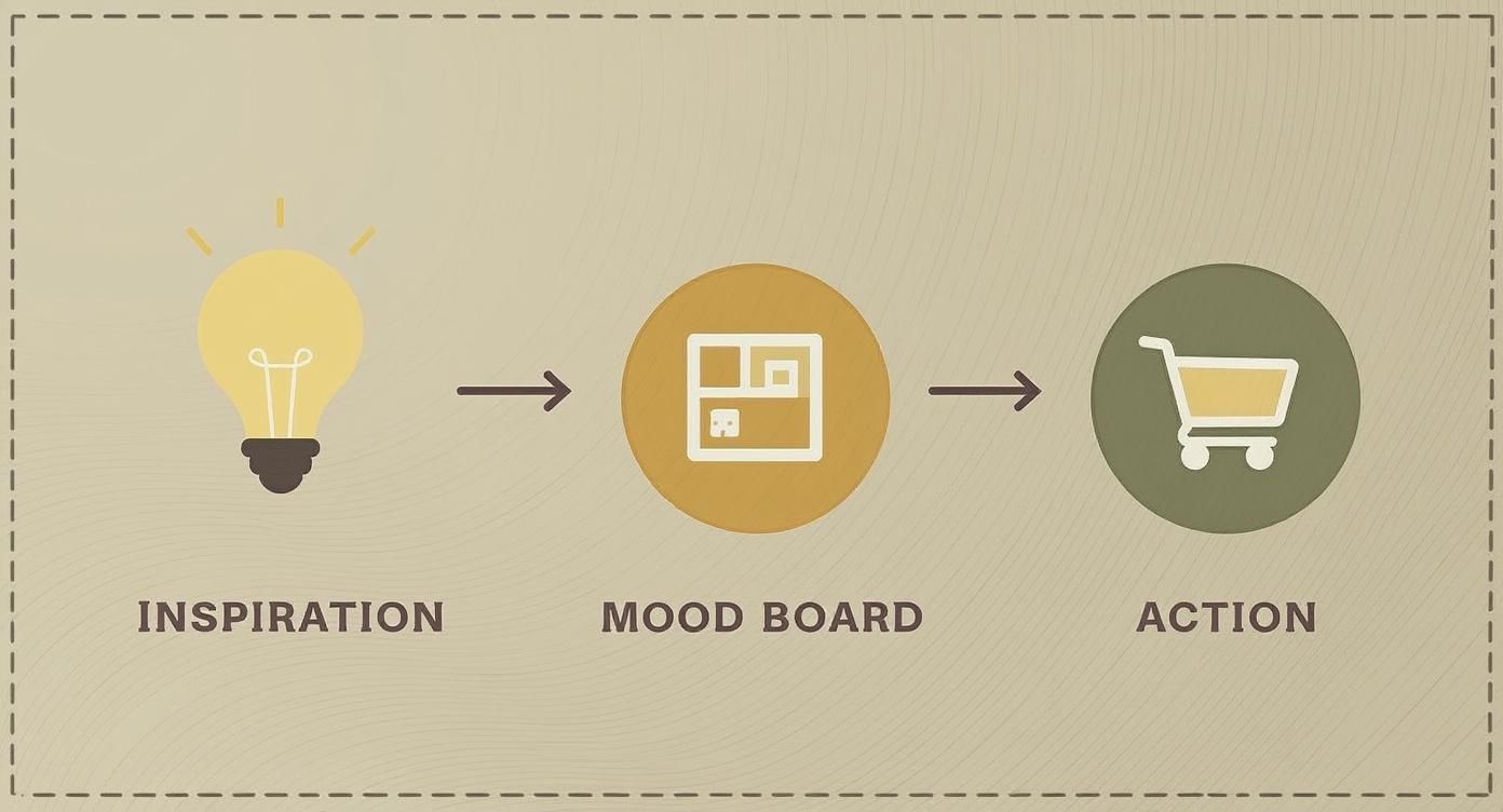 A graphic illustrating the creative process from inspiration (light bulb) to mood board to action (shopping cart).