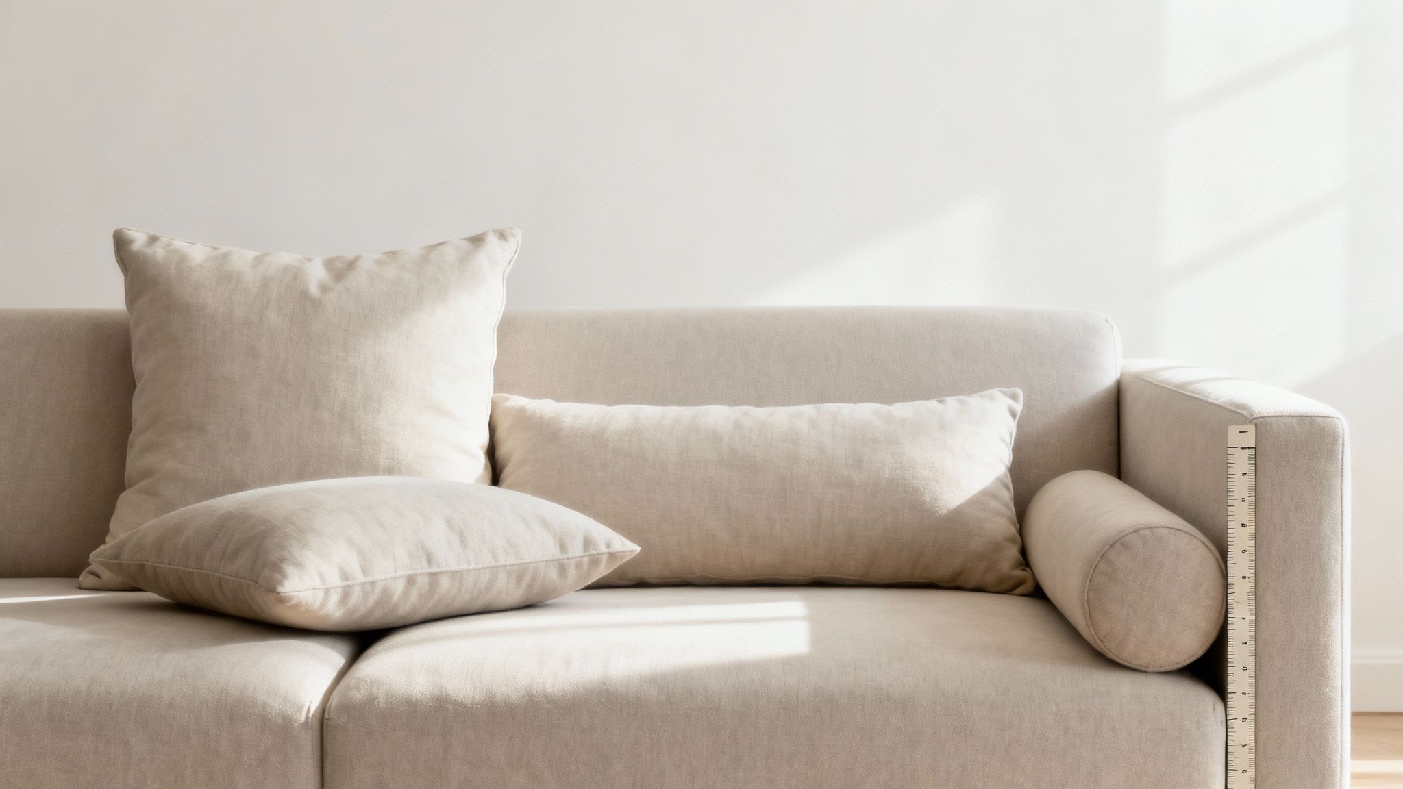 A stylish gray couch with a variety of light-colored throw pillows in different sizes and textures.
