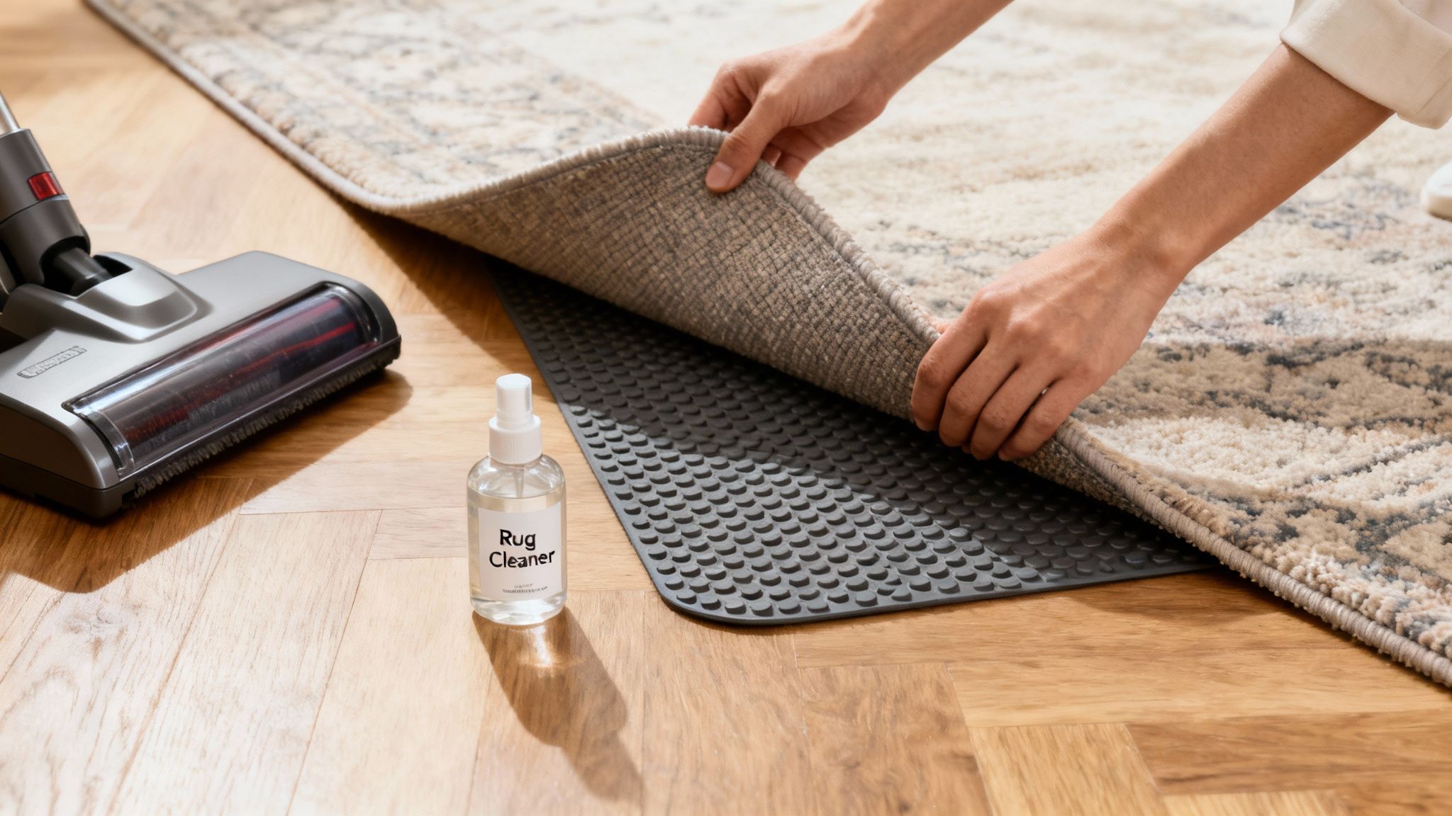 Hands lifting an area rug to show a non-slip pad, with a vacuum and rug cleaner nearby.