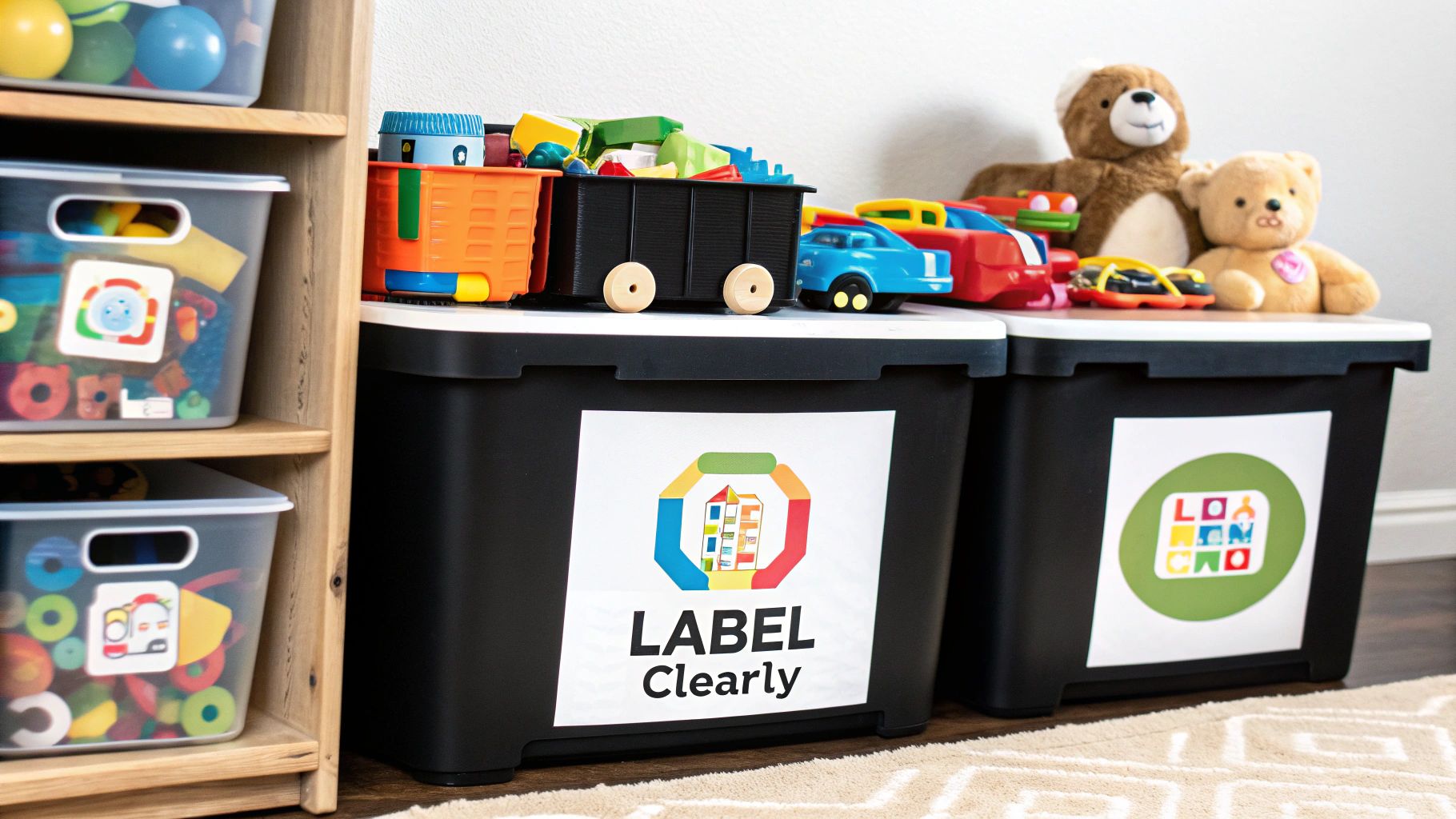 A playroom with organized toys in a cube shelf with clear bins and fabric baskets.
