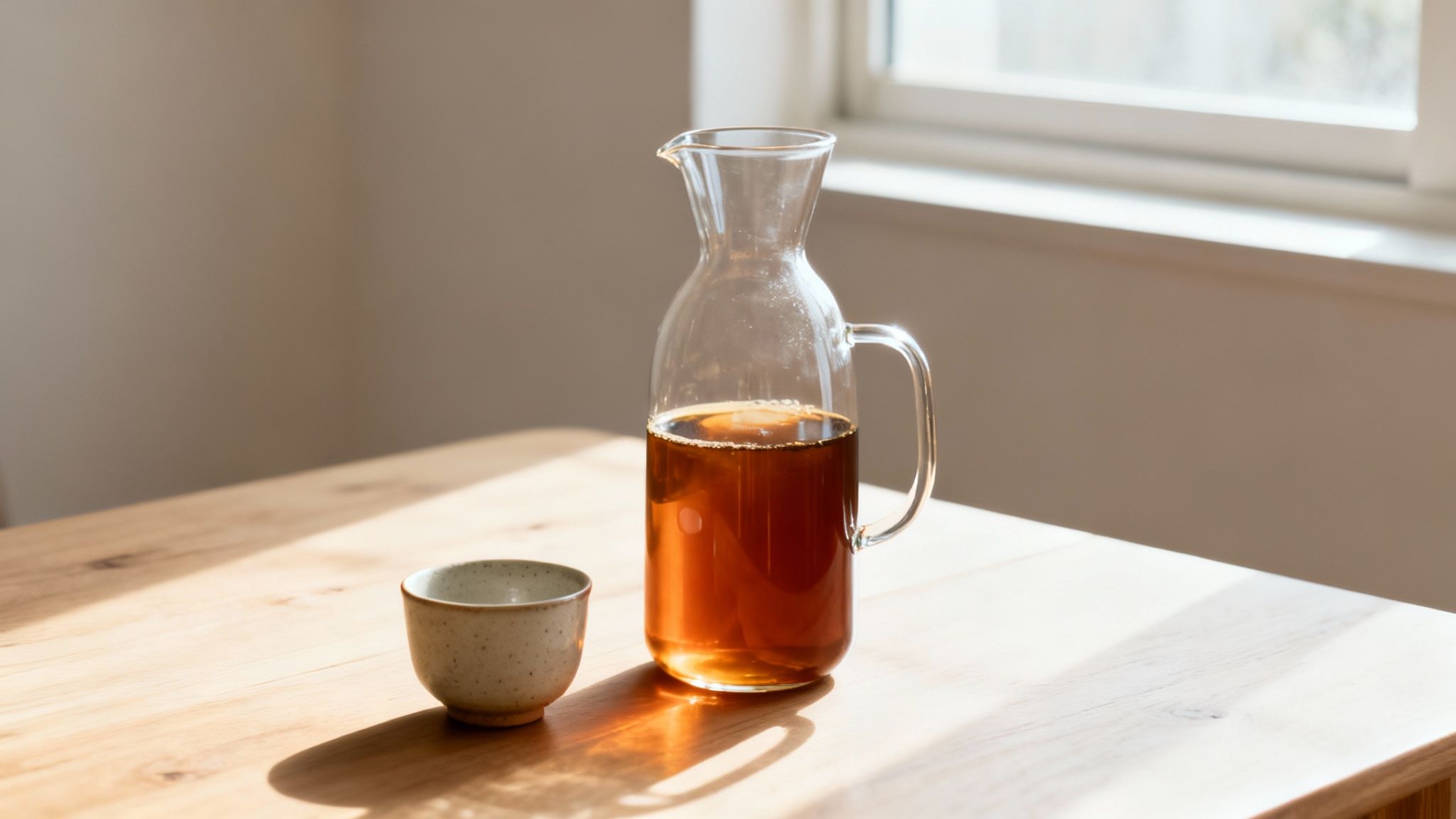 A glass carafe filled with dark liquid and a small ceramic cup on a wooden table.