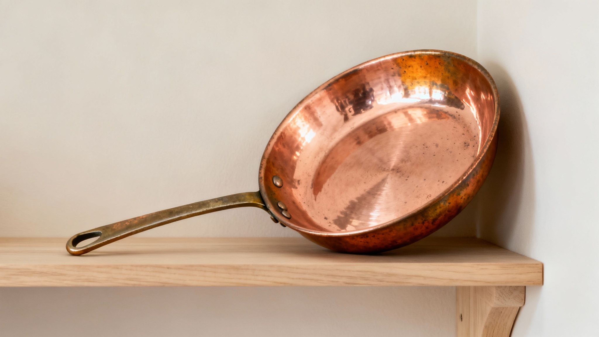 A gleaming copper frying pan with a bronze handle rests on a light wooden shelf.