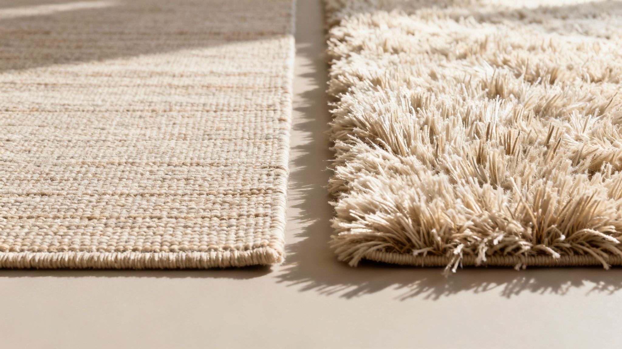 Close-up of two beige rugs: one with a tight weave, one with shaggy texture, on a floor.