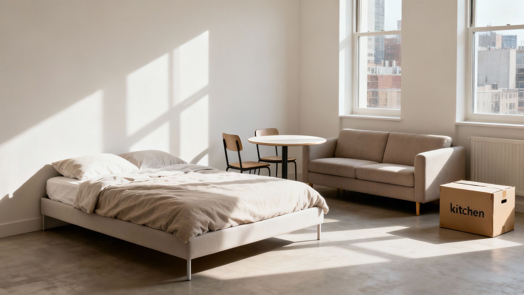 A bright, minimalist apartment room being furnished, featuring a bed, small dining set, sofa, and a 'kitchen' moving box.