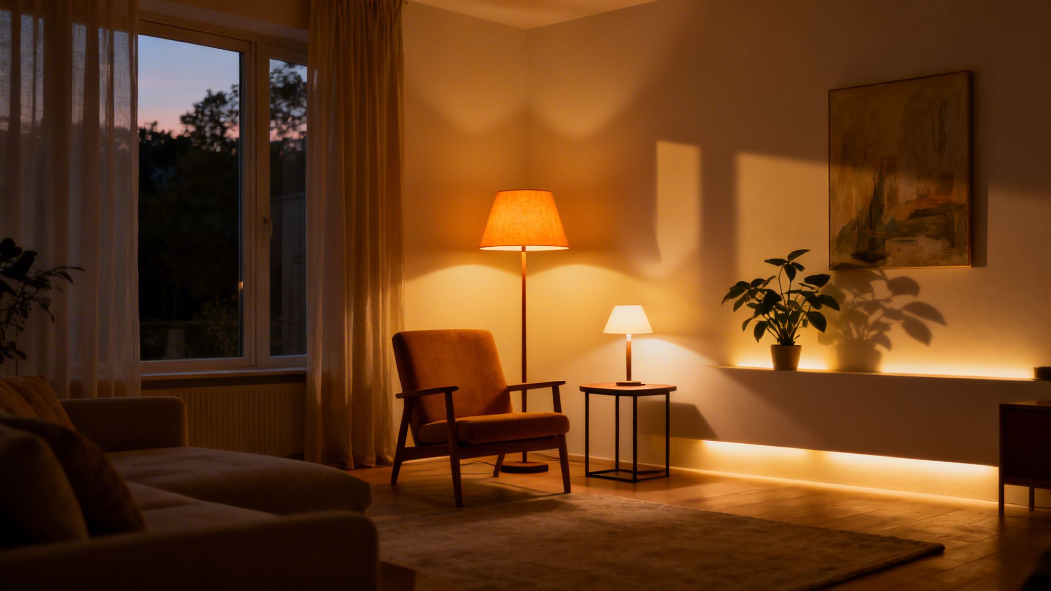 A cozy living room illuminated by warm ambient lighting from lamps and hidden LED strips, at dusk.