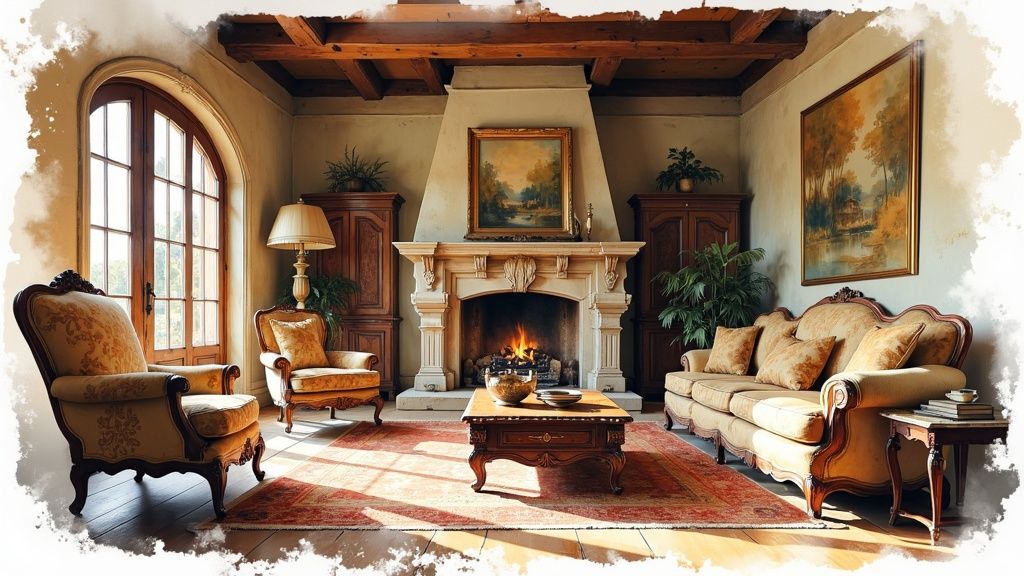 A grand living room featuring Old World furniture, including a large carved wooden cabinet and plush sofas