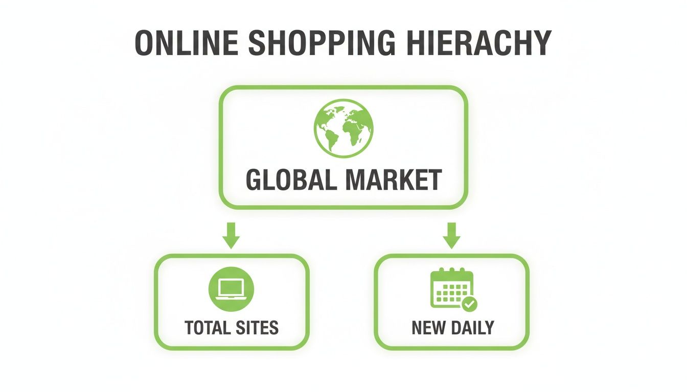 A hierarchy diagram illustrating online shopping, starting with Global Market, branching into Total Sites and New Daily.