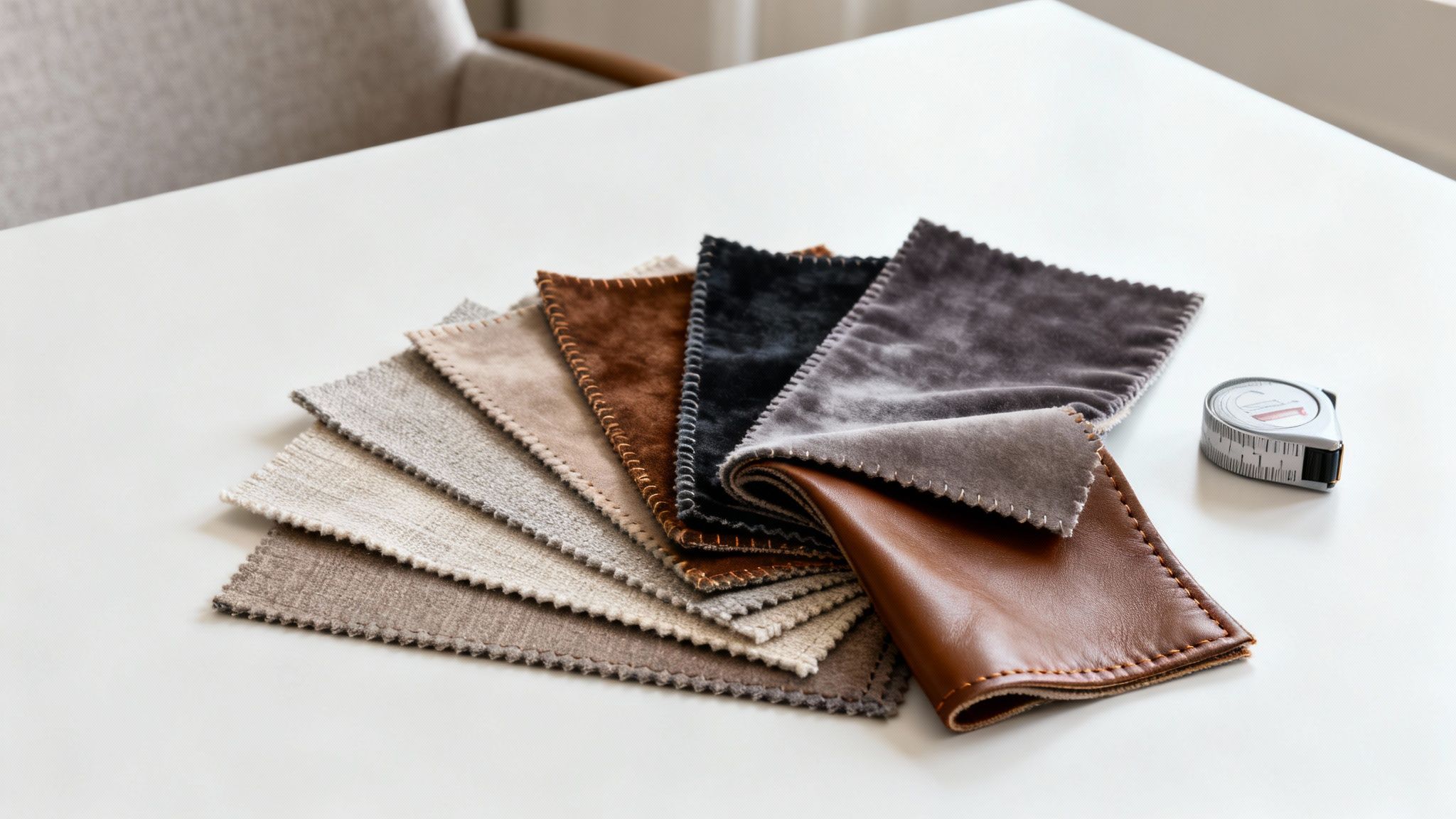 A fan of assorted fabric and leather swatches with a measuring tape on a white table.