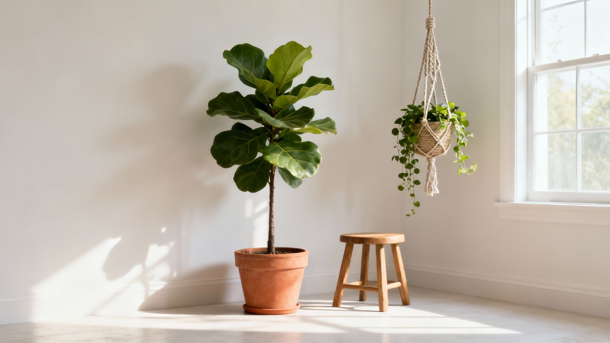 A bright room with a tall fiddle leaf fig plant, a hanging plant, and a wooden stool.