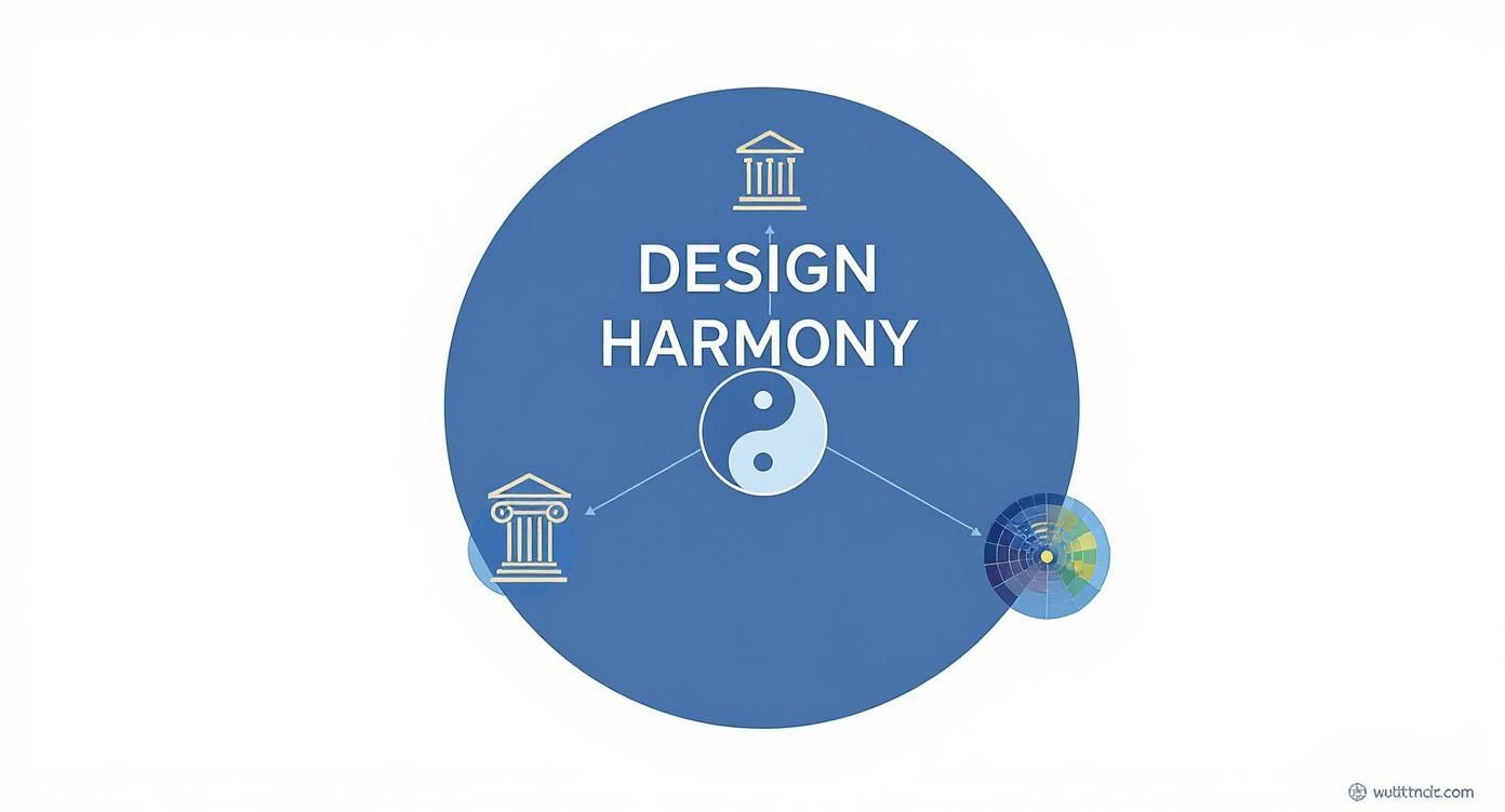 Infographic demonstrating Design Harmony through classical architecture, color theory, and Yin-Yang balance.