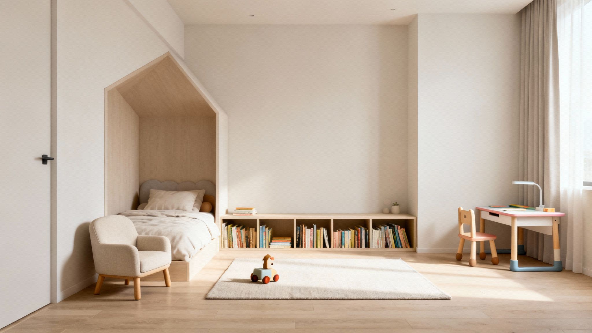 A minimalist kids' room with a cozy house bed, low bookshelf, and vibrant study area.