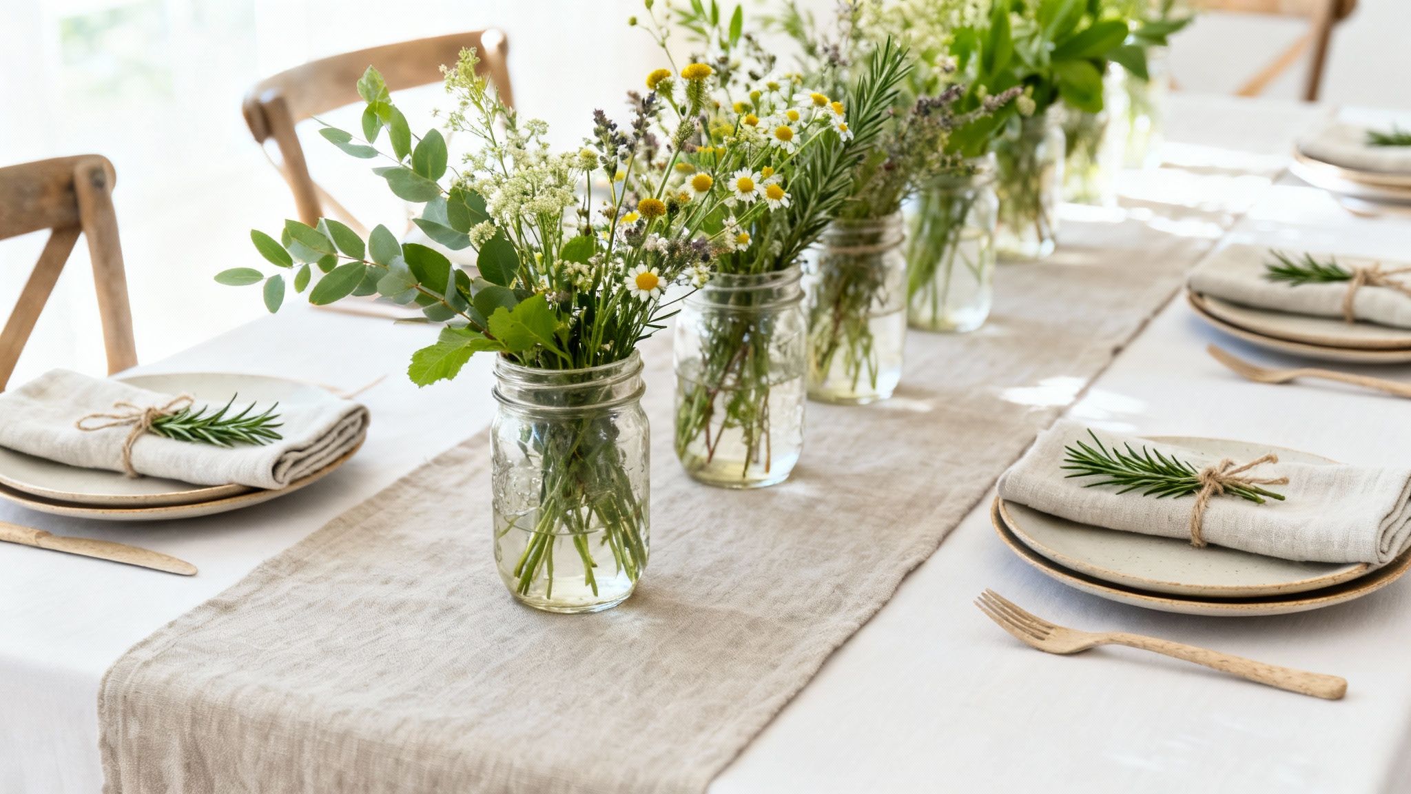 Rustic farmhouse table setting with mason jar wildflower centerpieces and linen napkins tied with rosemary