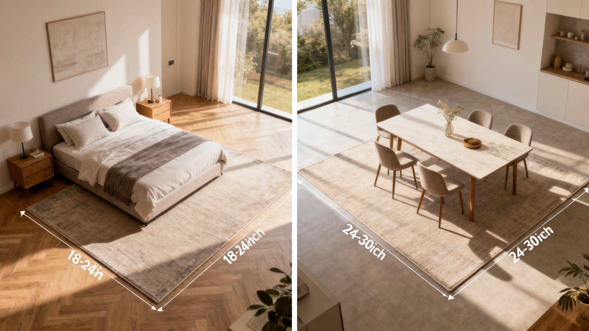 Side-by-side image demonstrating proper area rug overhang measurements for a bedroom and dining room.