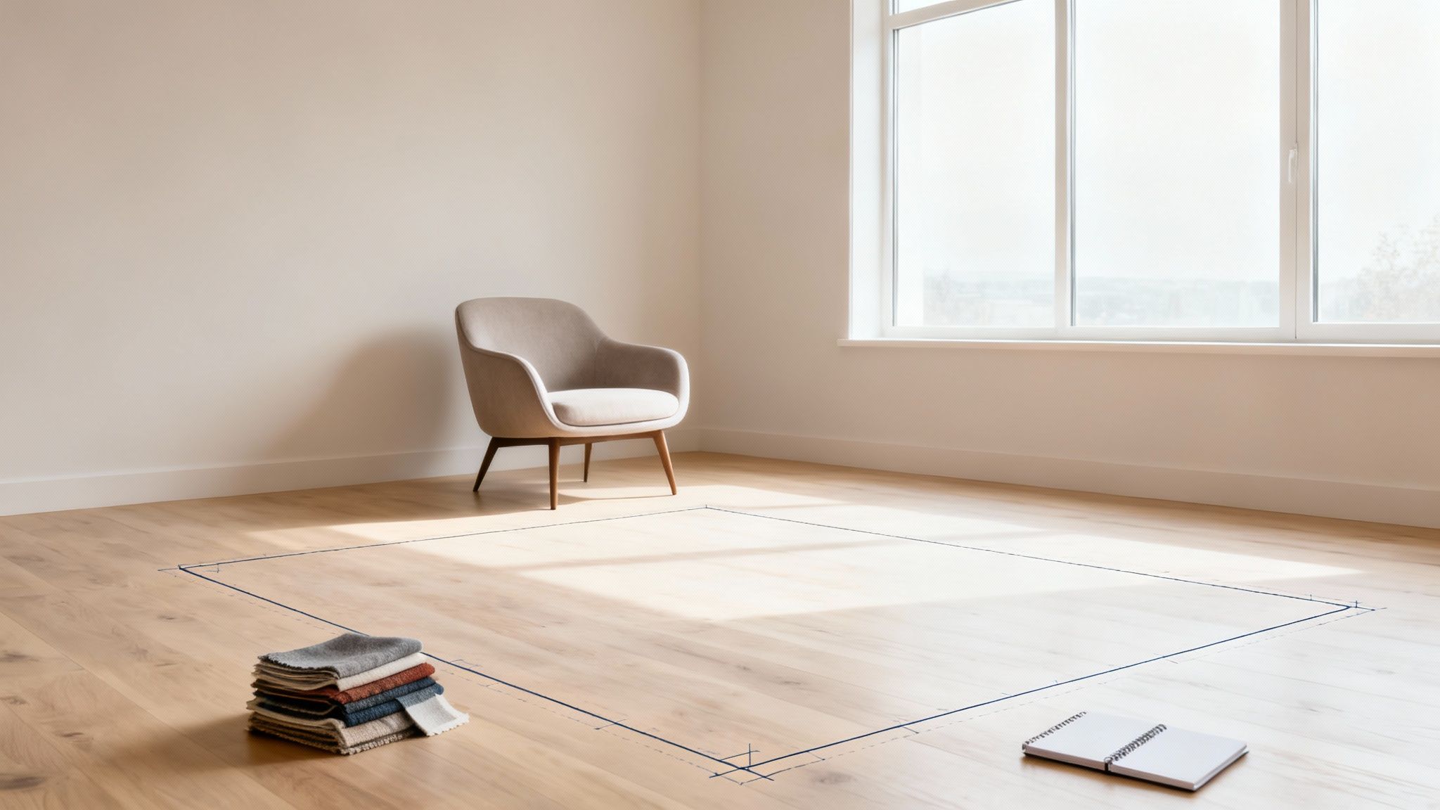 A minimalist room with a marked rug area, fabric samples, and an armchair for decorating ideas.
