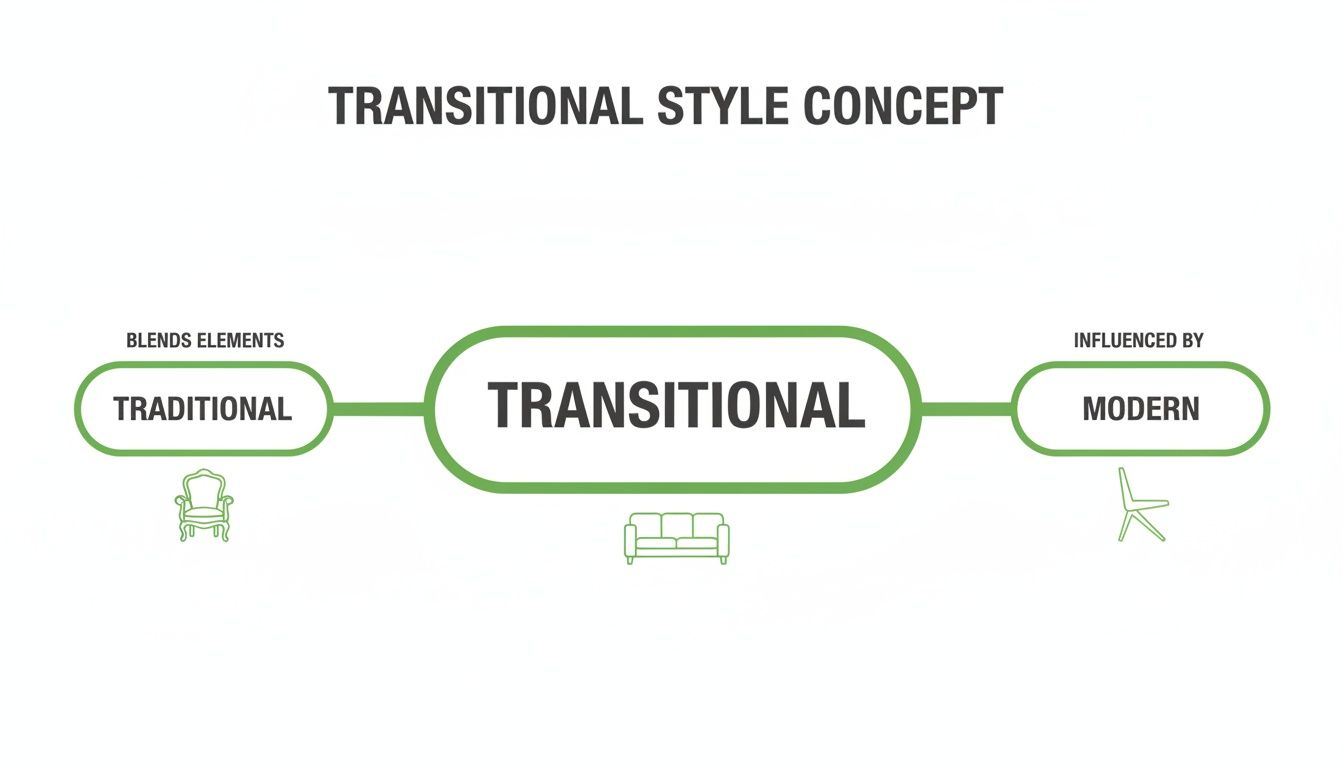 A diagram visually explaining the transitional style concept, blending traditional and modern design elements with furniture examples.
