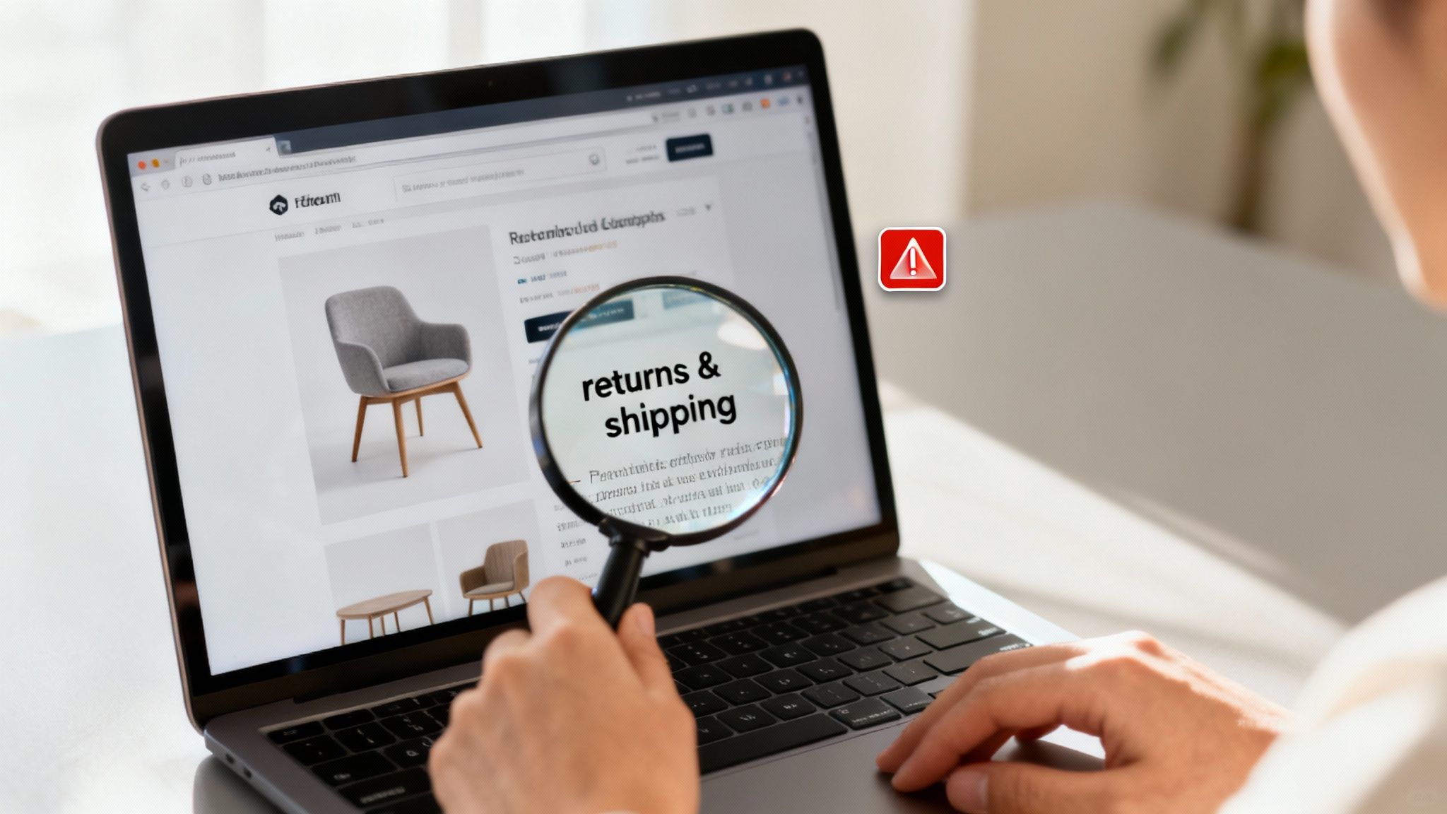 Person examining returns and shipping policy on furniture store website with magnifying glass